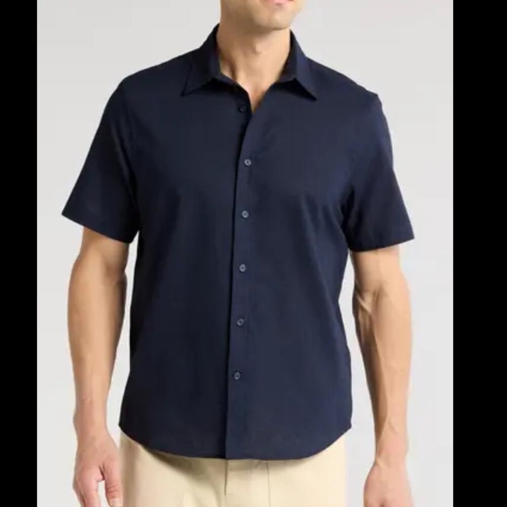 14th & Union Linen Cotton Short Sleeved Button Down Shirt Navy XL